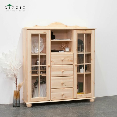 Шкаф-витрина Бритта 2 двери 4 ящика из массива сосны, 113х32х128 см, в натуральной отделке