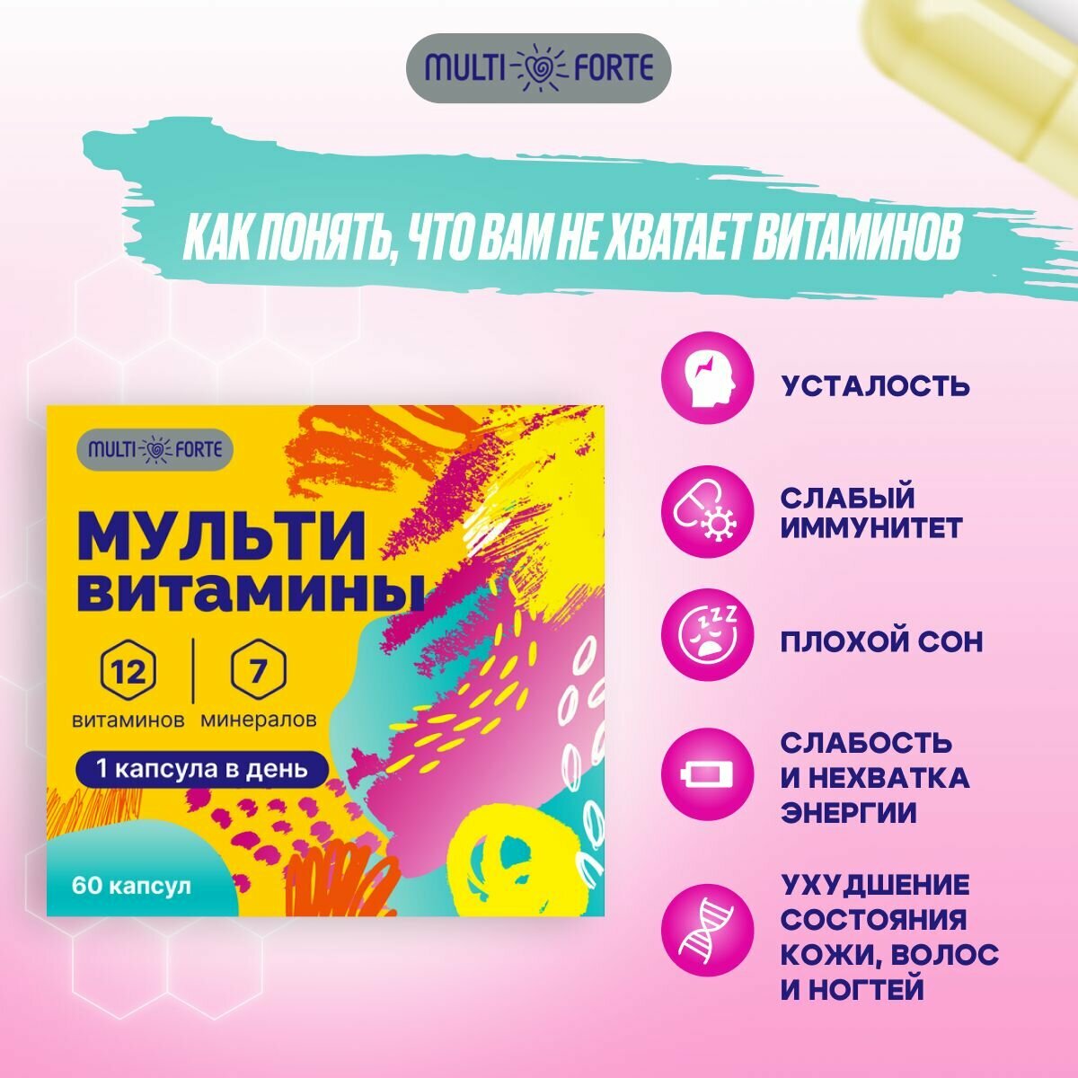 MultiForte, Мультивитаминный комплекс: витамины и минералы для взрослых, капсулы 0,68 г, 60 шт. — фото 1
