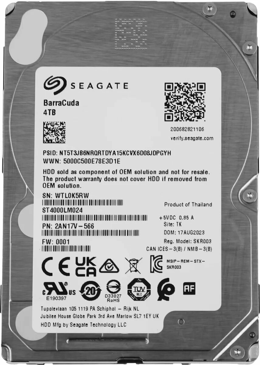 Жесткий диск Seagate Barracuda ST4000LM024, 4ТБ, HDD, SATA III, 2.5"