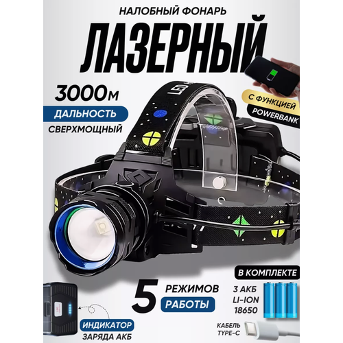 Фонарь налобный аккумуляторный светодиод PM-10TG, Power Bank, с функцией zoom