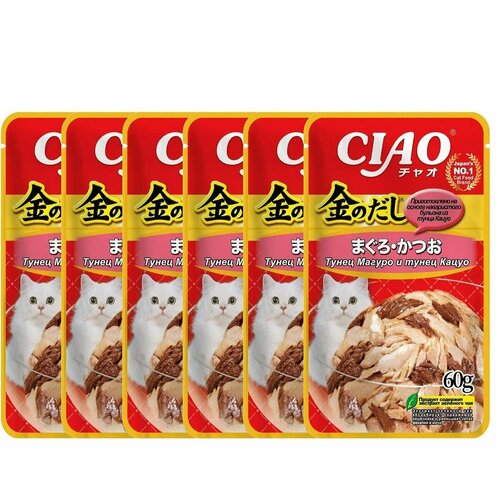 Inaba Ciao Kinnodashi Влажный корм для кошек Тунец Магуро и тунец Кацуо с крабом сурими 60г*6шт
