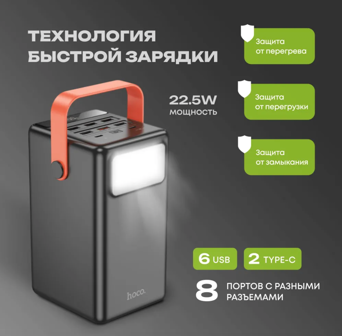 Сверхмощный внешний аккумулятор Hoco J142 100000 mAh 22.5W+PD20W, 2-х быстрая зарядка и лампа — фото 1