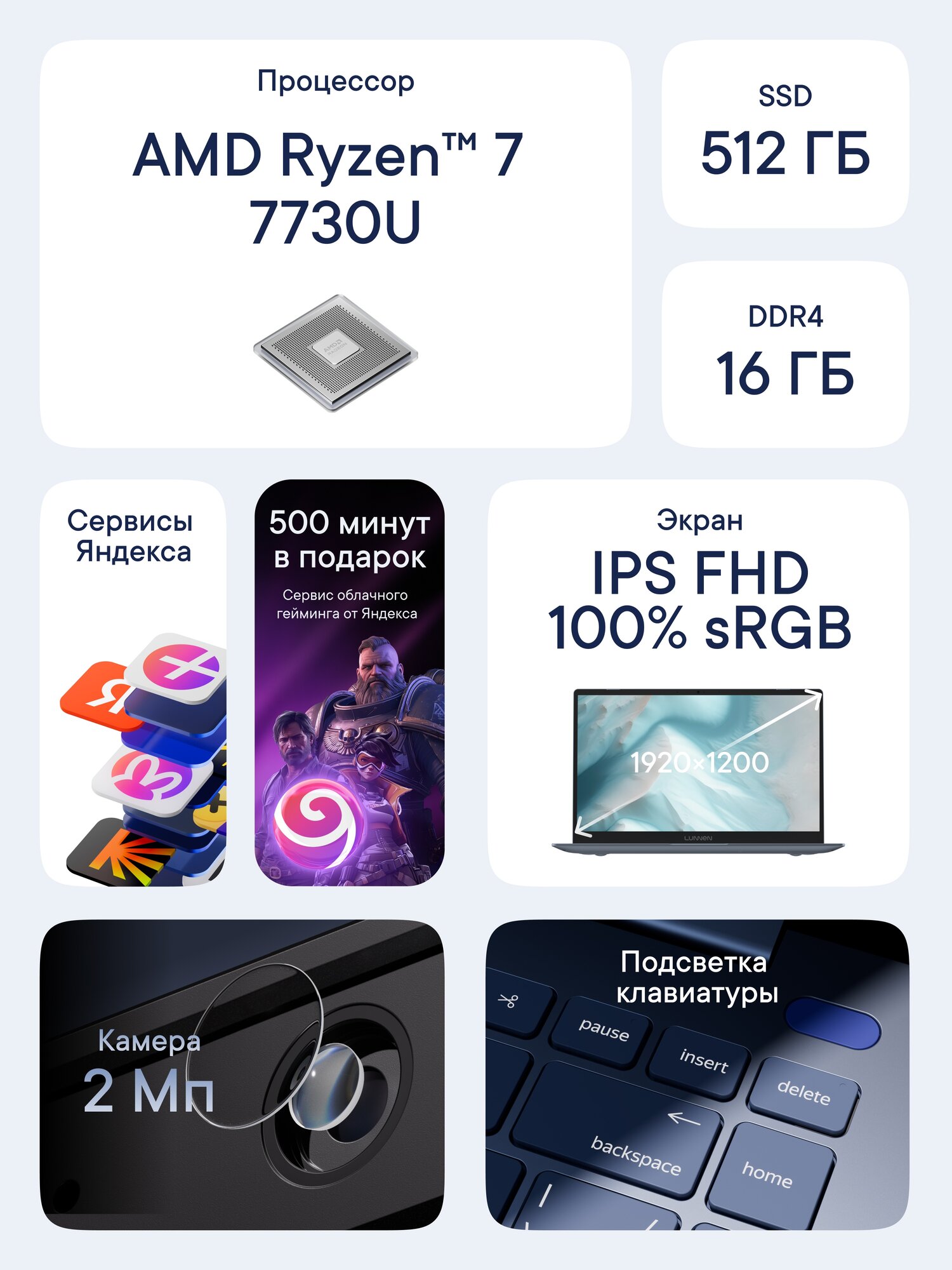 14" Ноутбук LUNNEN Ground 14, AMD Ryzen 7 7730U, RAM 16 ГБ, SSD 512 ГБ, IPS 1920x1200, Windows 11 Home, цвет Light Gray, LL4FAWG02 — фото 1