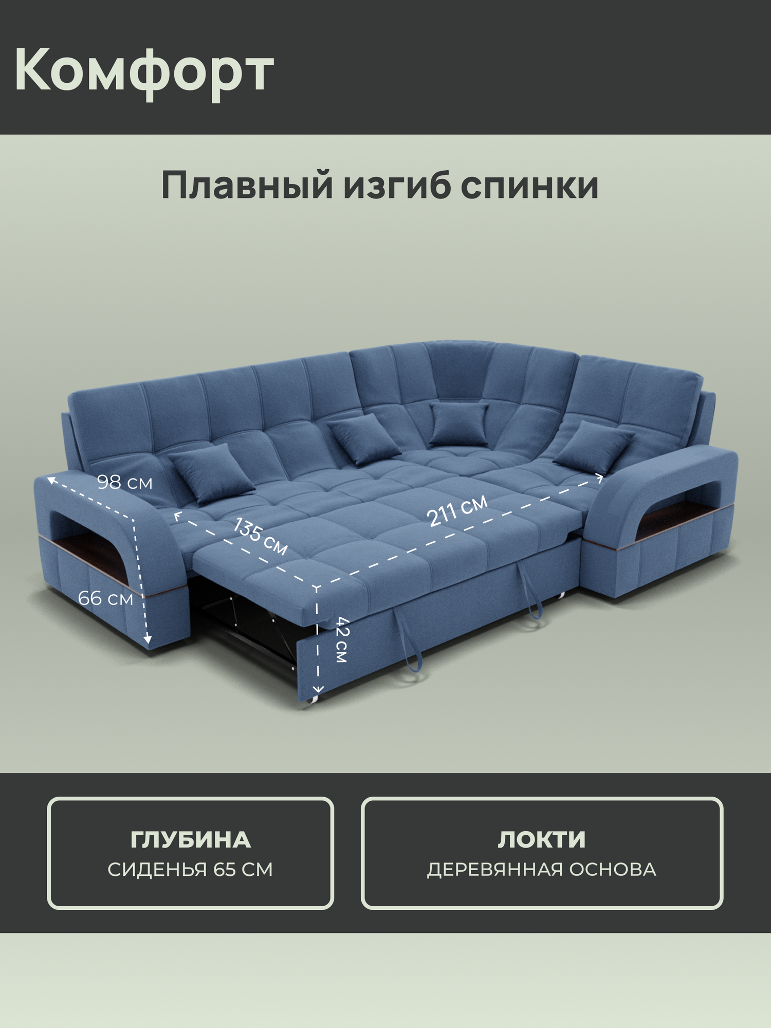 _Модульный диван, Велютта люкс 48 , 268х187х97 см , Серо-синий. Велюр, ППУ, ДВП, Дерево, механизм Венеция. — фото 1