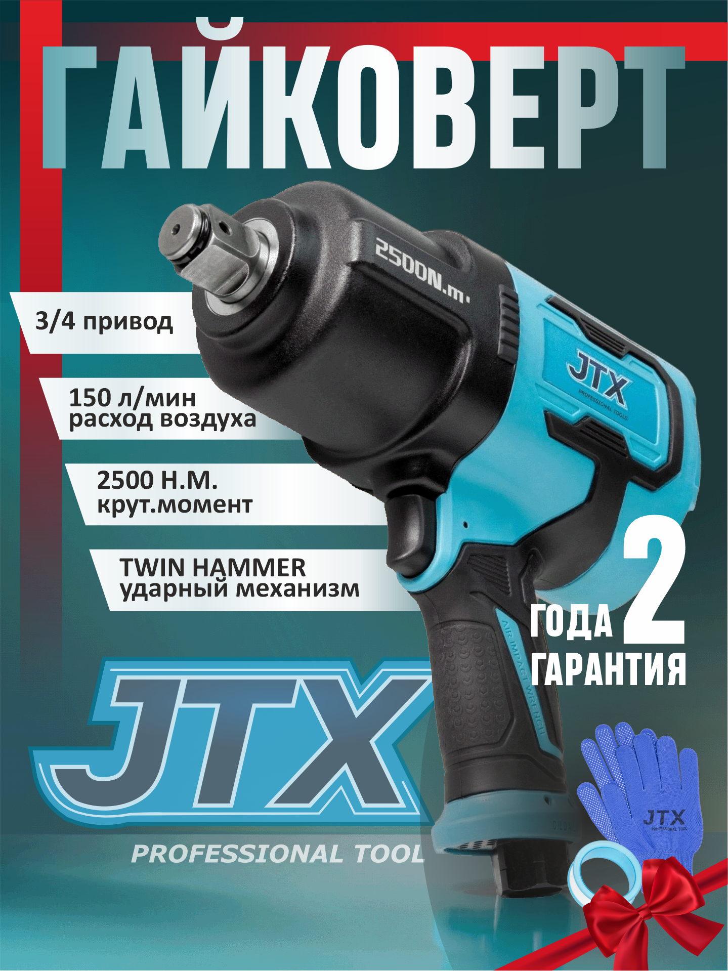 Гайковерт 2500, ударный, пневматический, 2500НМ, 3/4 дюйма, чёрный