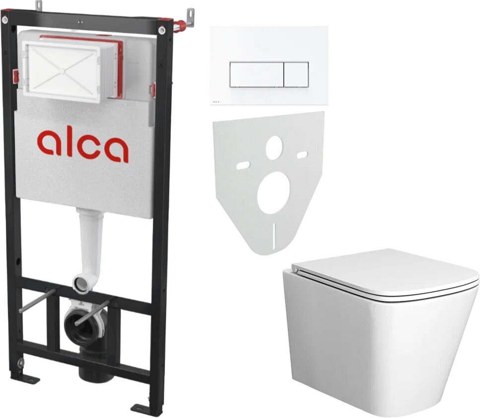 Комплект 2 в 1 Унитаз подвесной Bauedge Stil BS0002 с микролифтом безободковый глянцевый белый / Инсталляция с кнопкой AlcaPlast AM101/1120-4:1 M570-VE-01