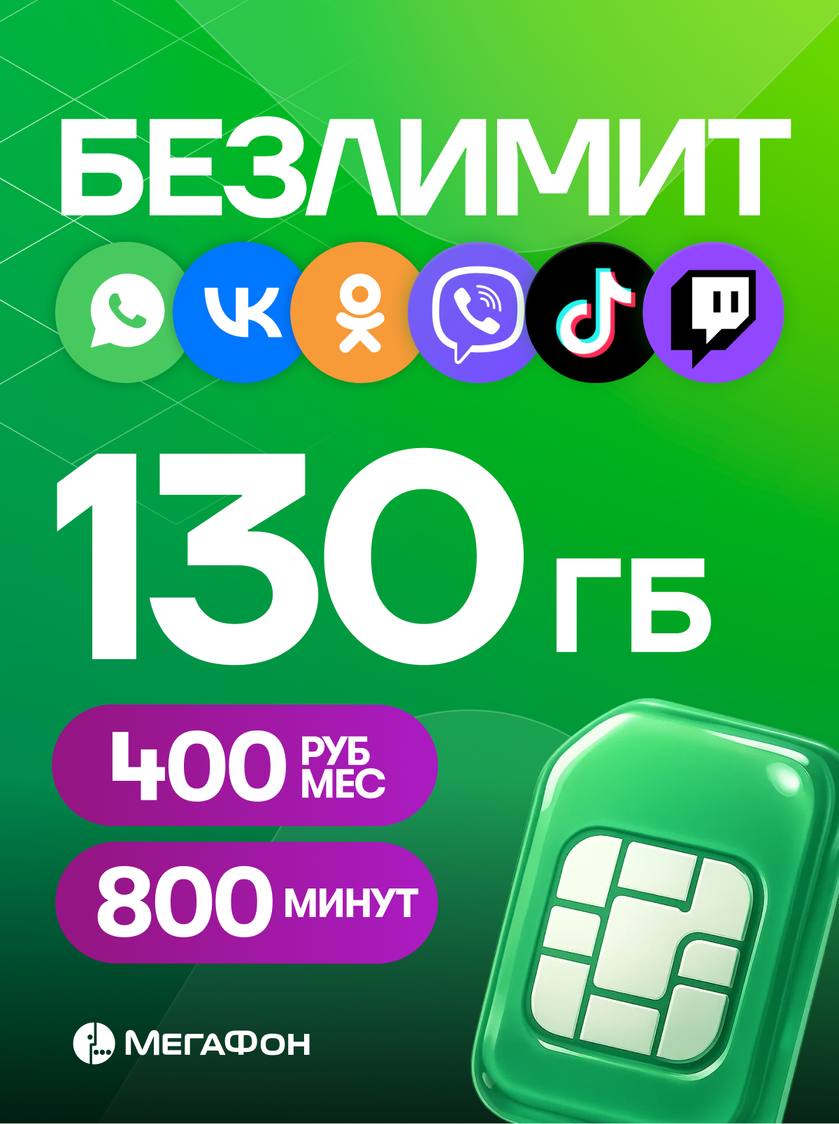 Сим карта Мегафон с безлимитным интернетом 130ГБ за 400 руб/мес
