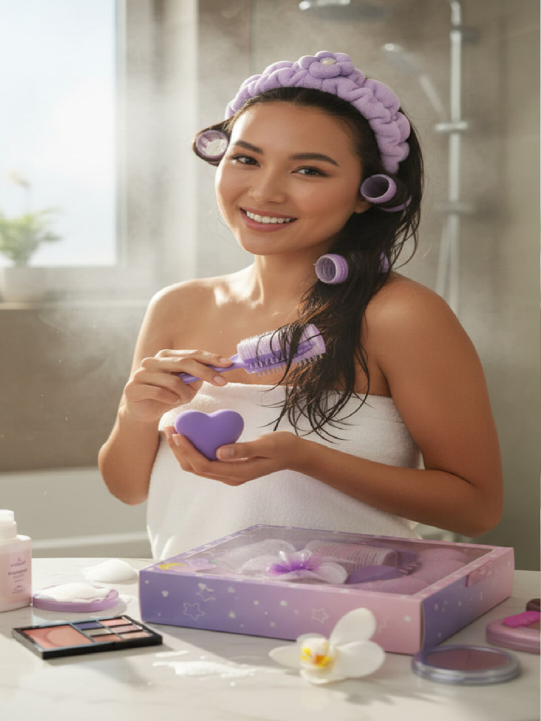 Набор для женщин аксессуары для волос, заколка для волос, ободок, 2 бигуди, спонж - Фиолетовый