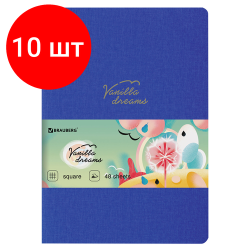 Комплект 10 шт, Тетрадь 48 л. в клетку обложка кожзам под лён, сшивка, A5 (147х210мм), синий, BRAUBERG PASTEL, 403872