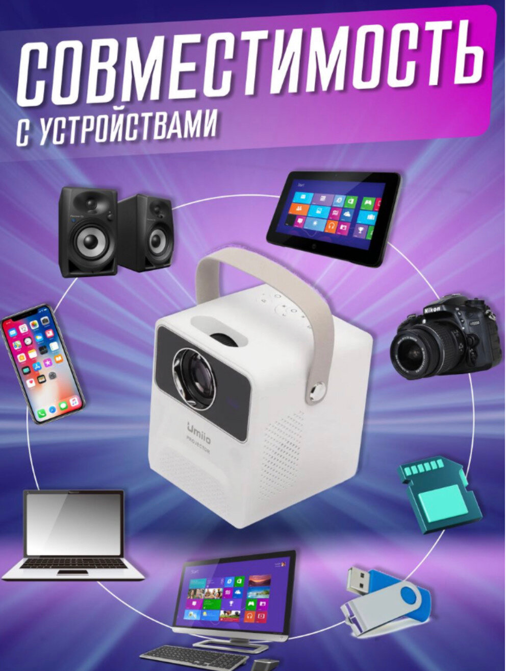 Проектор, Портативный проектор Umiio воспроизведение с USB, bluetooth, белый — фото 12