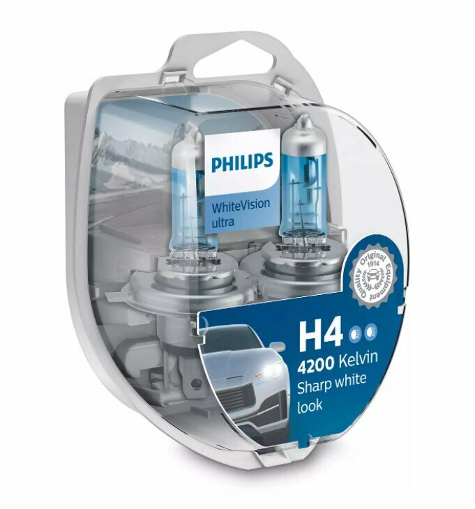 PHILIPS 12342WVUSM Лампа галогенная H4 12/60/55 PHILIPS WHITE VISION ULTRA к-т белый свет