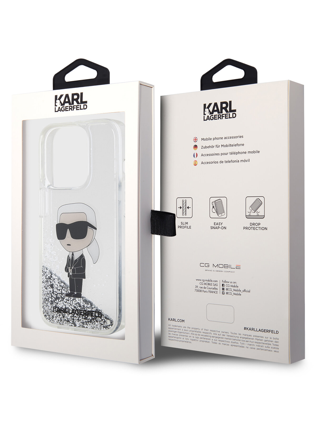 Lagerfeld для iPhone 15 Pro чехол Liquid Glitter NFT Karl head Hard Silver