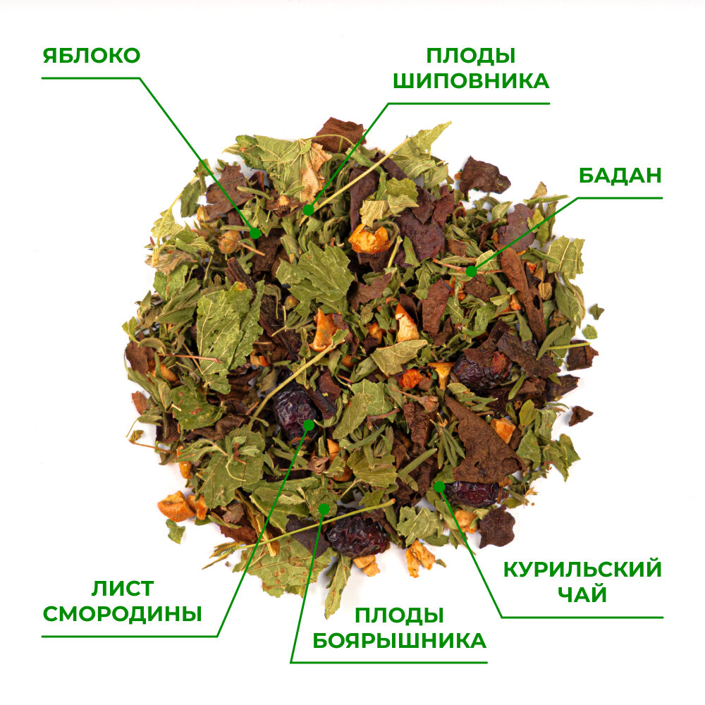 Травяной чай в пакетиках с яблоком, шиповником, баданом, листом смородины, курильским чаем, боярышником, 27 г — фото 1