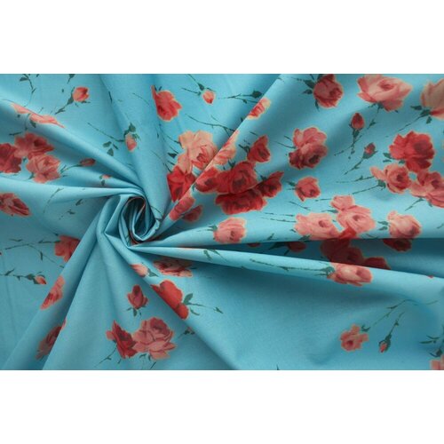 Ткань бирюзовый хлопок с цветами ткань голубой хлопок с цветами