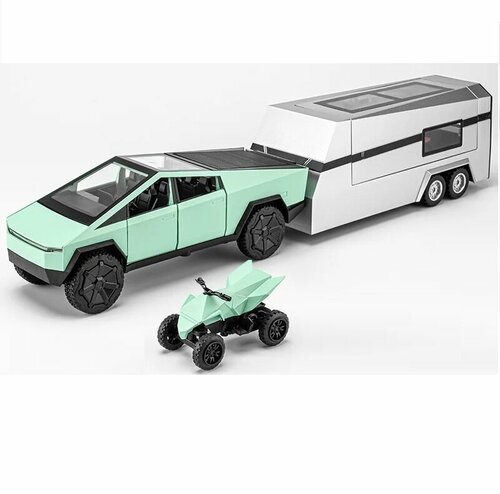 Модель металлическая Tesla Cybertruck Pickup с кемпером и квадриком 35 см. свет, звук CZ58A (Цвет: Фисташковый)