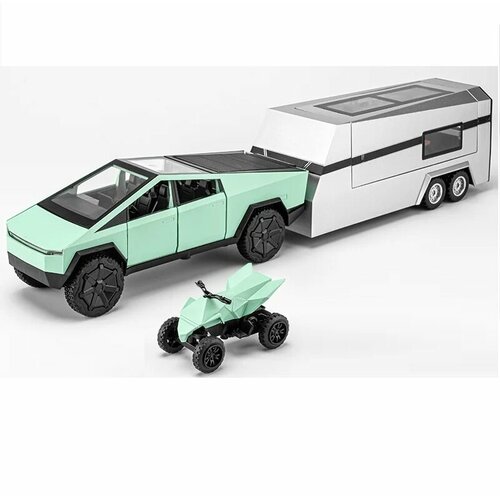 Модель металлическая Tesla Cybertruck Pickup с кемпером и квадриком 35 см. свет, звук CZ58A (Цвет: Фисташковый)