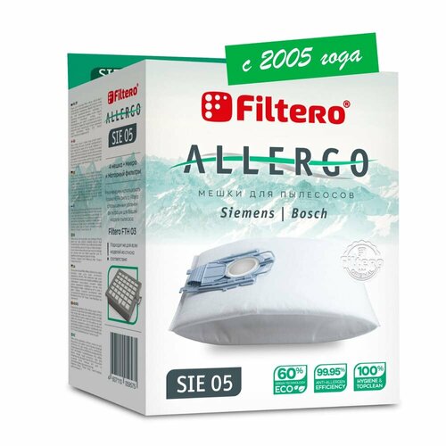 мешки пылесборники для siemens bosch filtero allergo sie 01 4 штуки Мешки-пылесборники Filtero SIE 05 Allergo для пылесосов BOSCH, SIEMENS, 4 штуки, моторный и микрофильтр