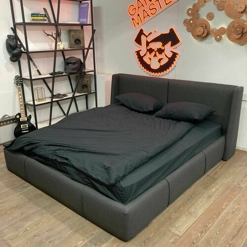 Двуспальная кровать с подъемным механизмом 160х200 Касл с мягким изголовьем для дома, для спальни, ортопедическое основание, ламели усиленные, рогожка графит, Банда Мастеров, Россия