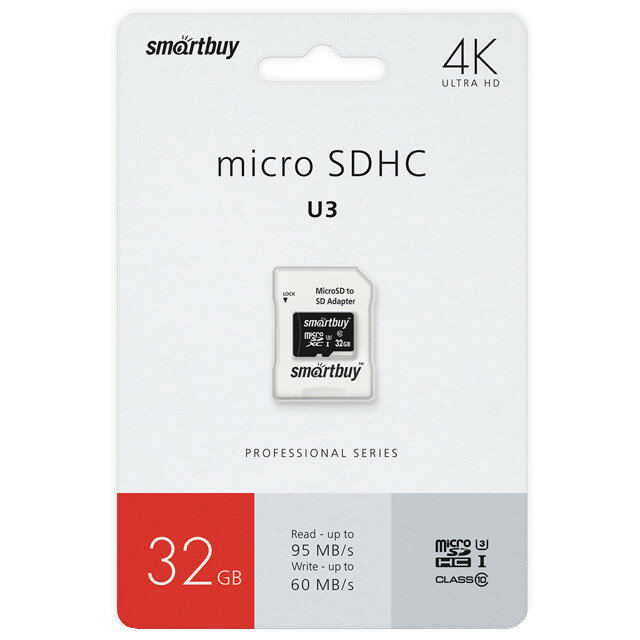 Карта памяти micro sdxc smartbuy 32gb class10 pro с адаптером sd