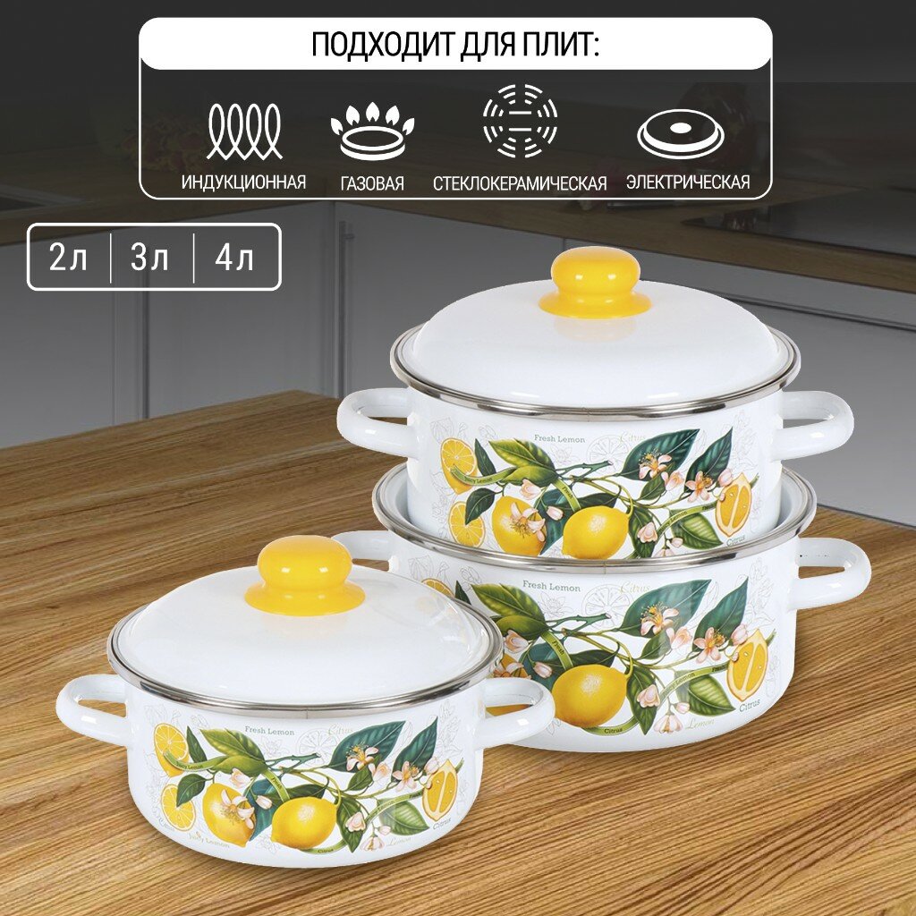 Набор эмалированной посуды 6 предметов, кастрюли 2,3,4 л, СтальЭмаль, Лимоны в цвету, 1KB051M