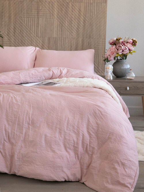 Постельное белье 2-спальное с европростыней 220х240см , полисатин жатка, розовое