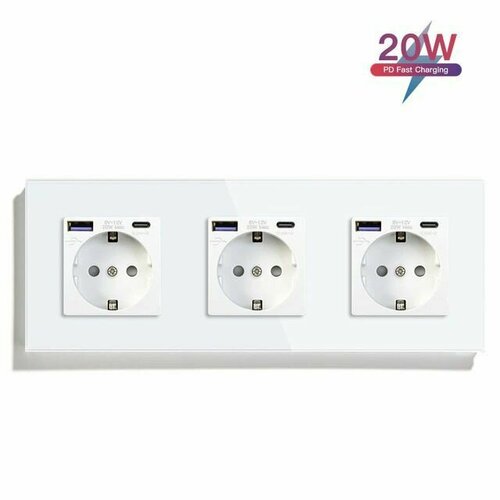 Розетка электрическая 3 поста с Usb/Type-C АC, быстрая зарядка 20W, цвет белый