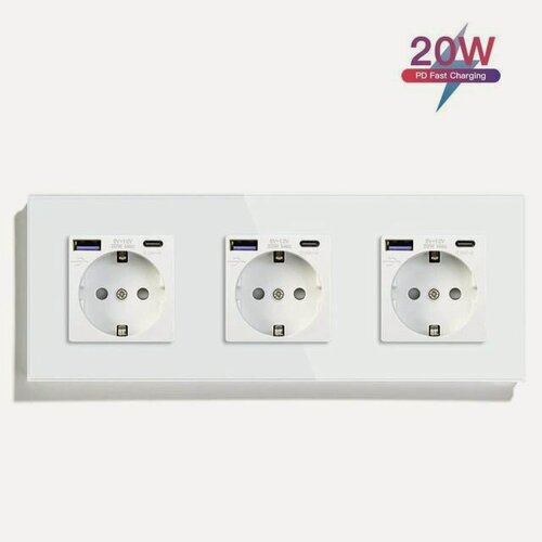 Изображение товара Розетка электрическая 3 поста с Usb/Type-C АC, быстрая зарядка 20W, цвет белый