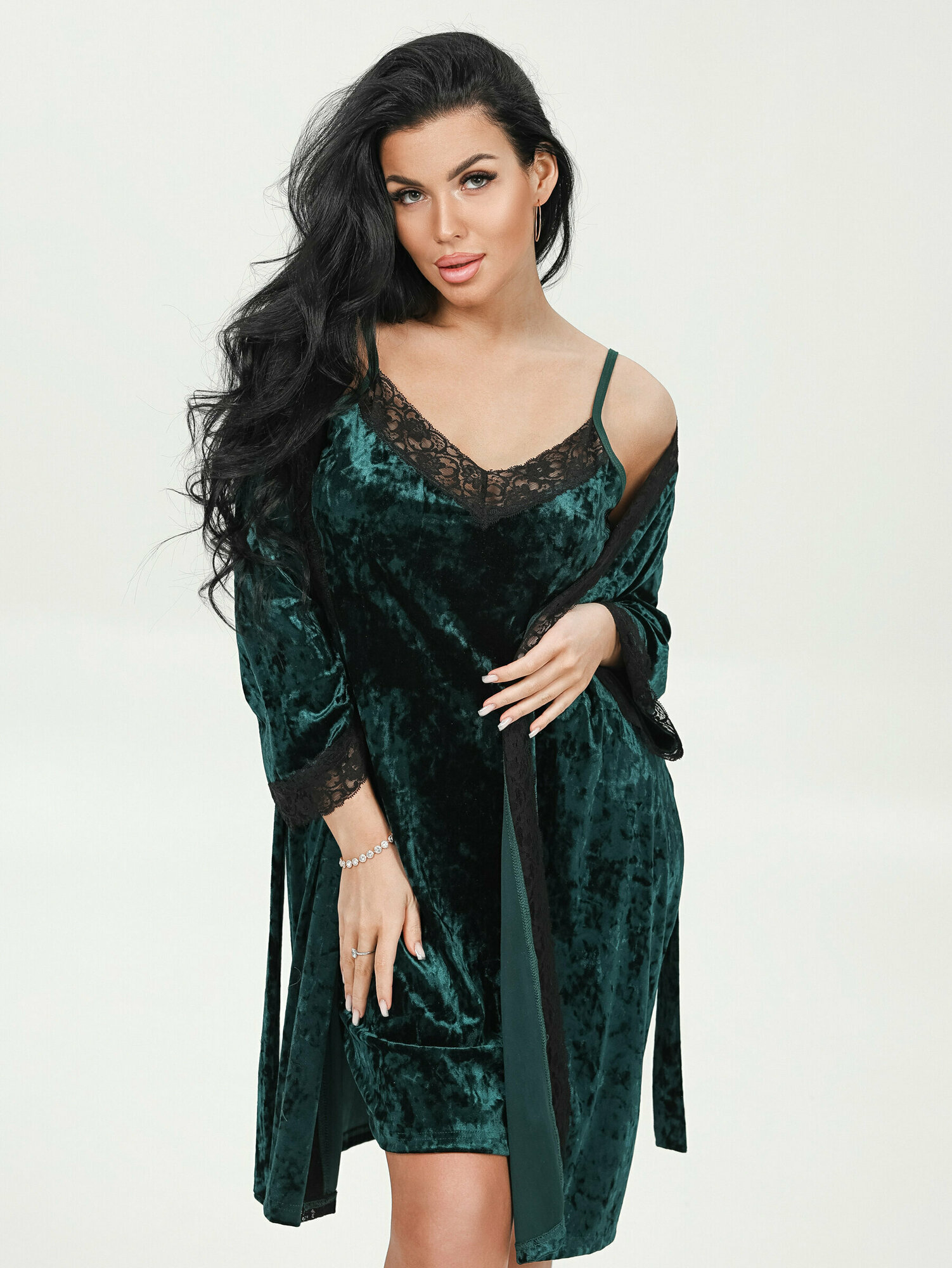 Lovetex.store / Пеньюар кружевной бархатный, халат + сорочка / изумруд / размер 58