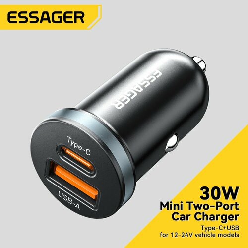 Автомобильное зарядное устройство Essager Black 30 Вт 5A PD 3.0 SCP USB Quick Charge 3.0 USB-Type-C для iPhone Xiaomi Huawei Samsung автомобильное зарядное устройство baseus tiny star usb 5 a 30 вт черный