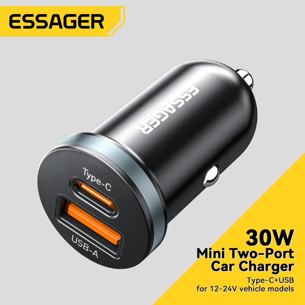 Автомобильное зарядное устройство Essager Black 30 Вт 5A PD 3.0 SCP USB Quick Charge 3.0 USB-Type-C для iPhone Xiaomi Huawei Samsung