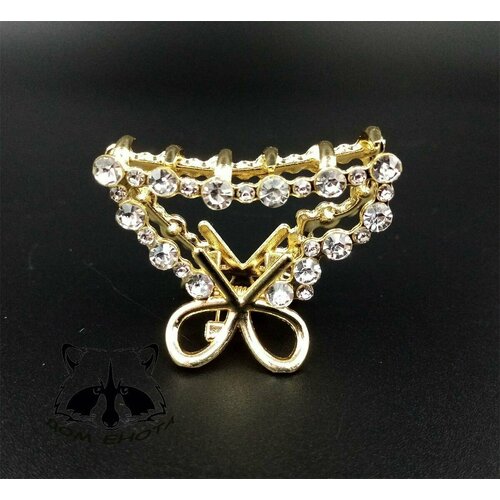 Металлическая заколка краб треугольник со стразами и бантиком, цвет золото