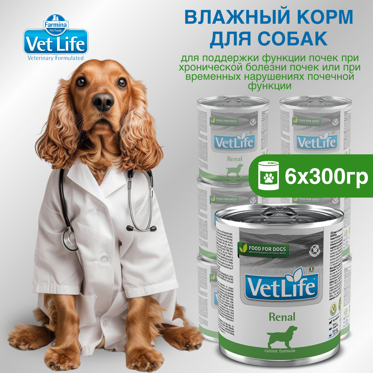 Набор. Влажный корм Farmina Vet Life Renal для собак при болезни почек, 300г, 6 шт