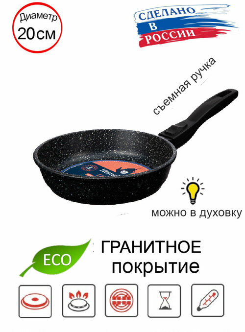 Cковорода HomeWay ECO гранит 20см, с гранитным покрытием и со съемной бакелитовой ручкой