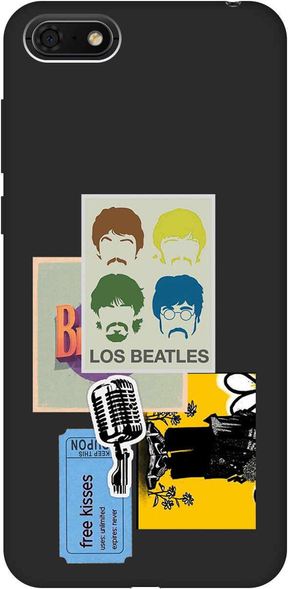 Матовый чехол на Honor 7A, 7S, Huawei Y5 (2018), Y5 Prime (2018), Хуавей У5 Прайм (2018), Хонор 7А, 7s с 3D принтом "Beatles Stickers" черный