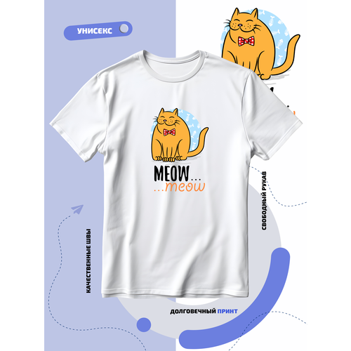 Футболка SMAIL-P meow meow с рыжим котом с красным бантиком на шее, размер 3XL, белый