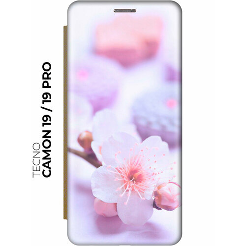 фото Чехол-книжка на tecno camon 19 / 19 pro / техно камон 19 / 19 про с рисунком "цветок вишни" золотой bestluck
