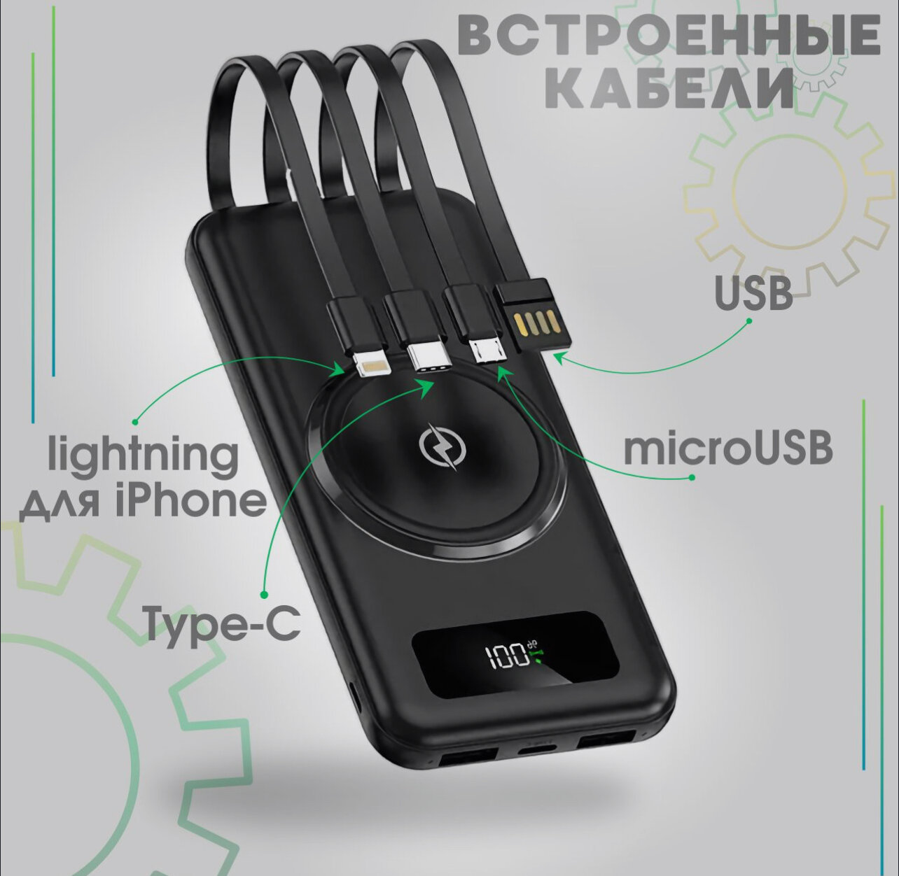 Повербанк 20000 мАч / Power Bank 20000 mAh / Внешний аккумулятор со встроенными кабелями