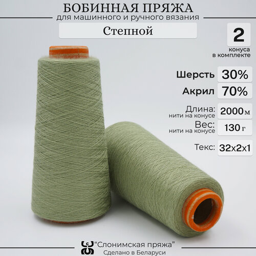 Бобинная пряжа Слонимская пряжа нитки для ручного вязания спицами, крючком, на вязальной машине. 2 конуса по 130гр. 30% меринос - 70% акрил.
