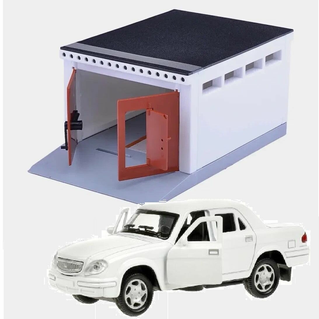 фото Гаражный бокс с распашными воротами и металлическая инерционная машинка Волга 3110 с открывающимися дверями (12 см) - белая