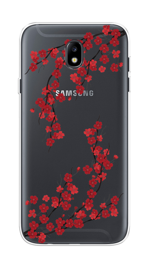 Силиконовый чехол на Samsung Galaxy J7 2017 / Самсунг Галакси J7 2017 "Красная сакура", прозрачный