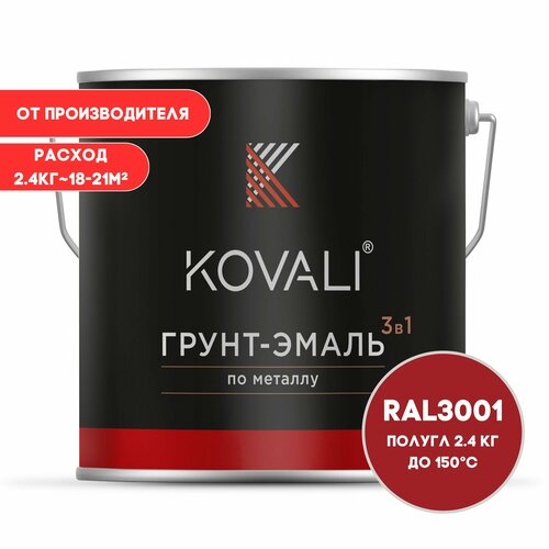 Грунт-эмаль 3 в 1 KOVALI полугл Сигнальный красный RAL 3001 2.4 кг краска по металлу, по ржавчине, быстросохнущая