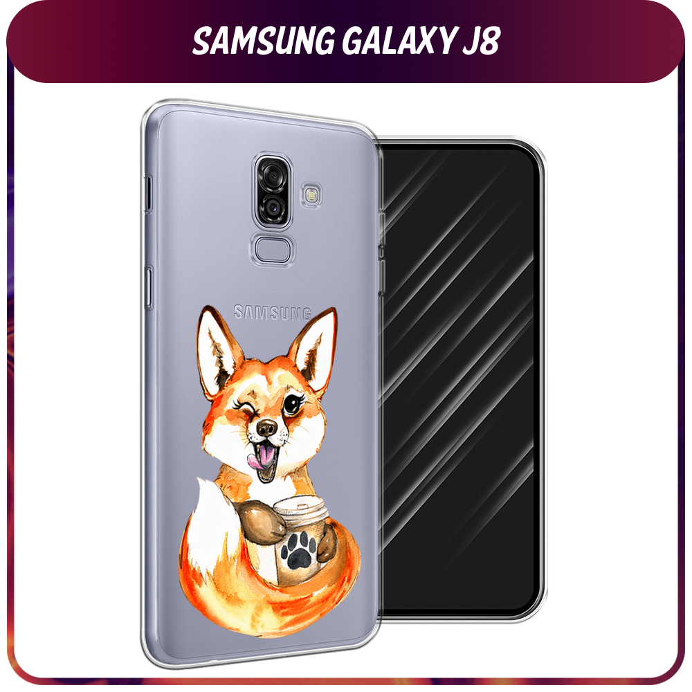 Силиконовый чехол на Samsung Galaxy J8 / Самсунг Галакси J8 "Подмигивающая лиса с кофе", прозрачный