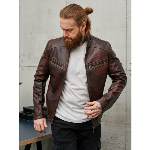 Кожаная куртка , размер 58, коричневый