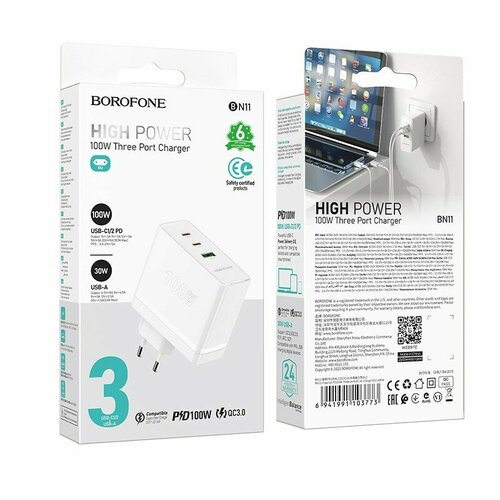 Сетевое зар. устр. Borofone BN11 1USB/2C 30W/100W белое автомобильная зарядка baseus 1usb ccall ys01 qc3 0 30w черный