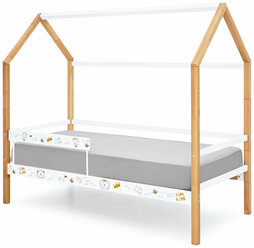 Детская деревянная кровать-домик с фотопечатью и бортиком Svogen дерево-белый/львята