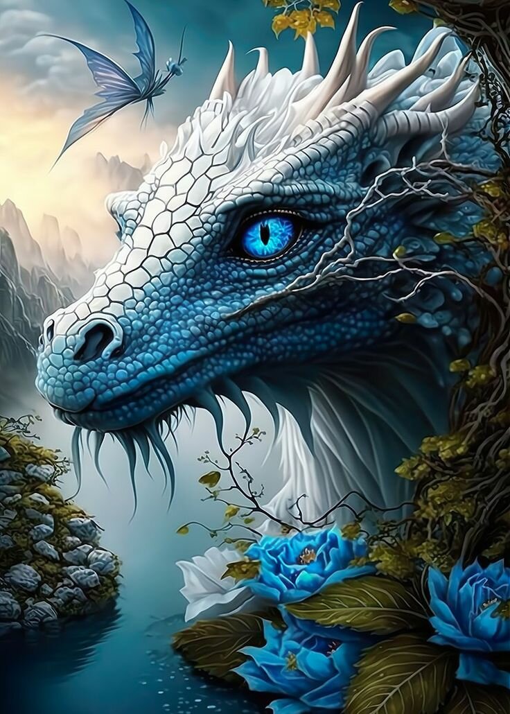 Алмазная мозаика 40x50 см. на холсте с подрамником (картина стразами, алмазная вышивка) Голубой дракон с синими цветами