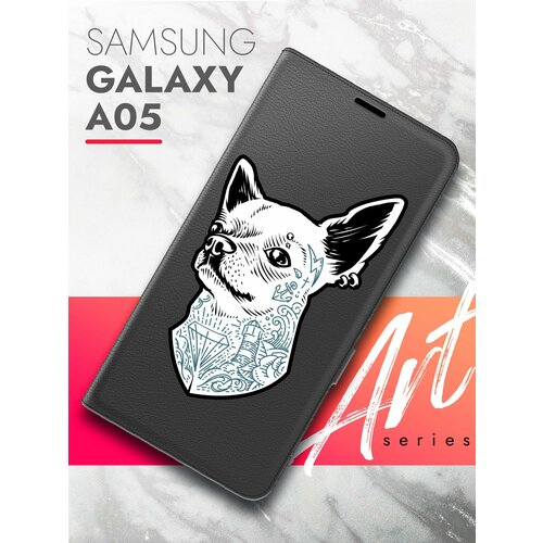 Чехол на Samsung Galaxy A05 (Самсунг Галакси А05) черный книжка эко-кожа подставка отделение для карт магнит Book case, Brozo (принт) Собака с тату чехол на samsung galaxy a05 самсунг галакси а05 черный книжка эко кожа подставка отделение для карт магнит book case brozo принт бежевые розы