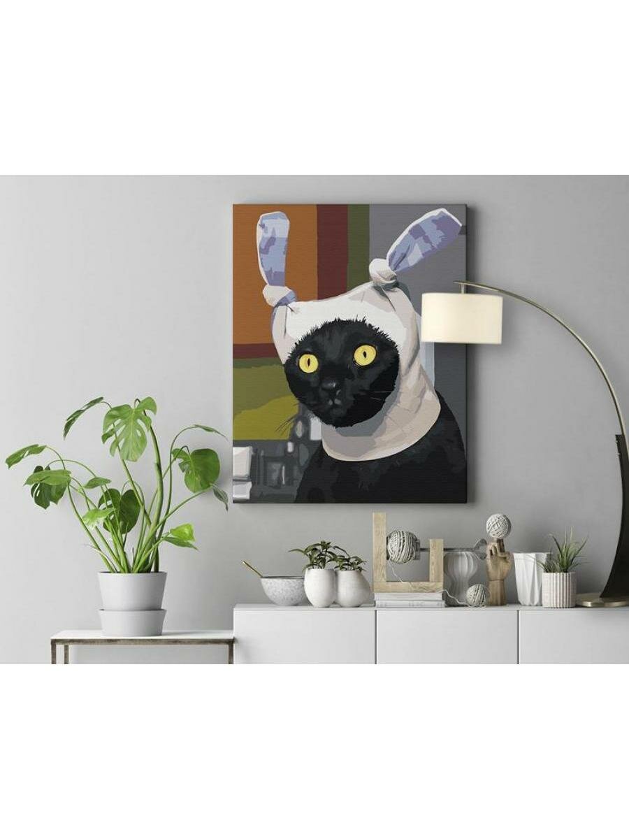 Черный кот кролик Мем Смешная Кошка Животные Заяц Символ года Новый год Раскраска картина по номерам на холсте 40х50