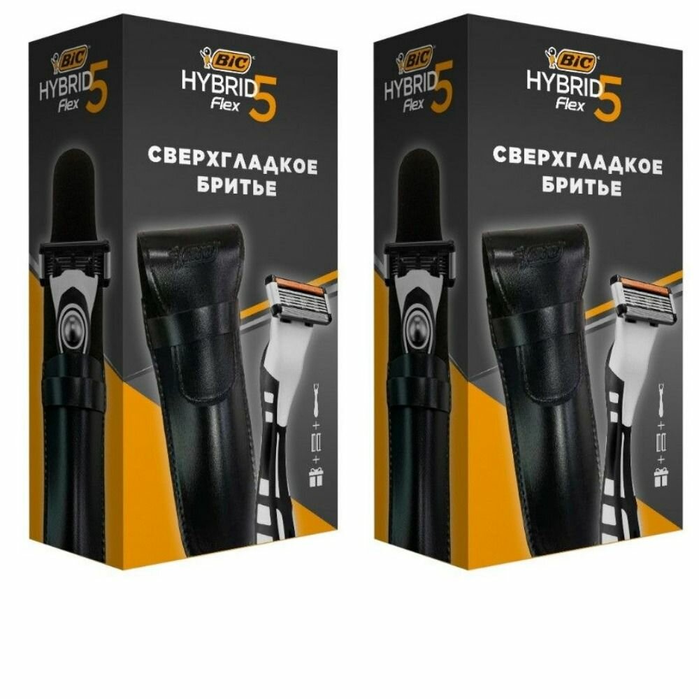 Bic Мужская бритва Flex 5 Hybrid + 2 кассеты + чехол, 2 шт