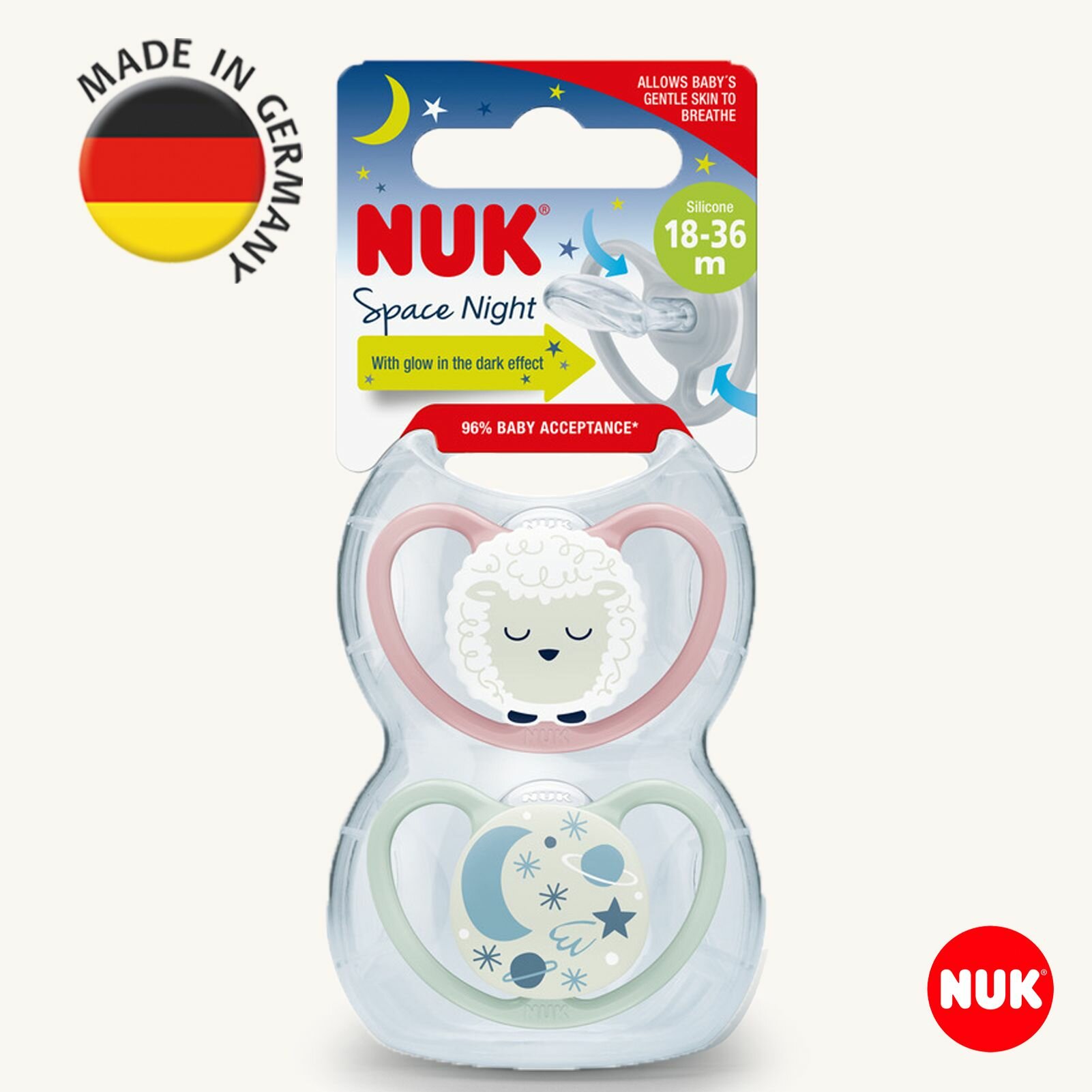 NUK SPACE NIGHT Соска-пустышка силиконовая для детей 18-36 месяцев, 2 шт.